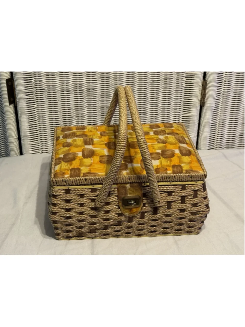Vintage Retro Sewing Box Wicker Fabric Top Double Handle + Contents - NOTIONS